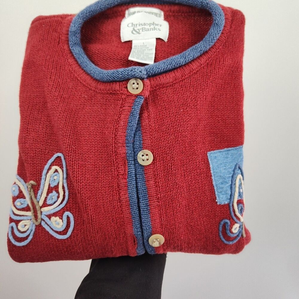 Christopher & Banks Hand Embroidered Cardigan, women's L, dark red, butterflies - Picture 8 of 9